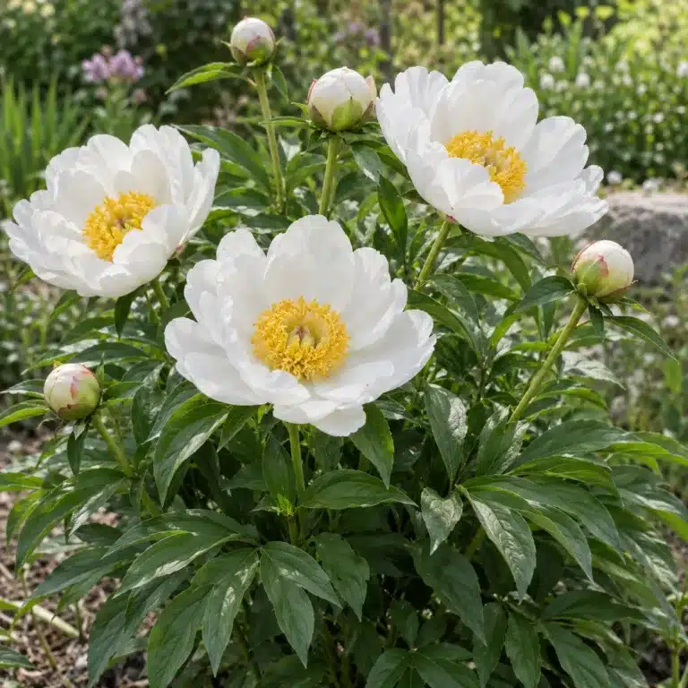 Pivoňka bělokvětá (Paeonia lactiflora) – kvetoucí trs s bílými květy