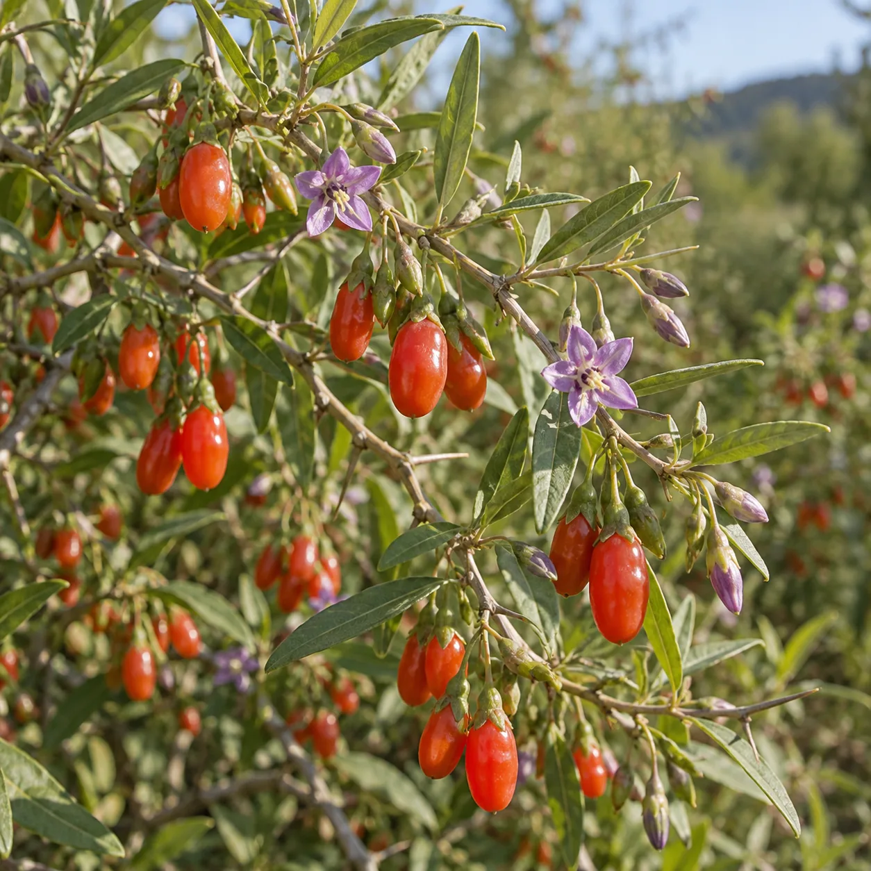 Kustovnice (Lycium barbarum) – keř s fialovými květy a dozrávajícími červenými plody