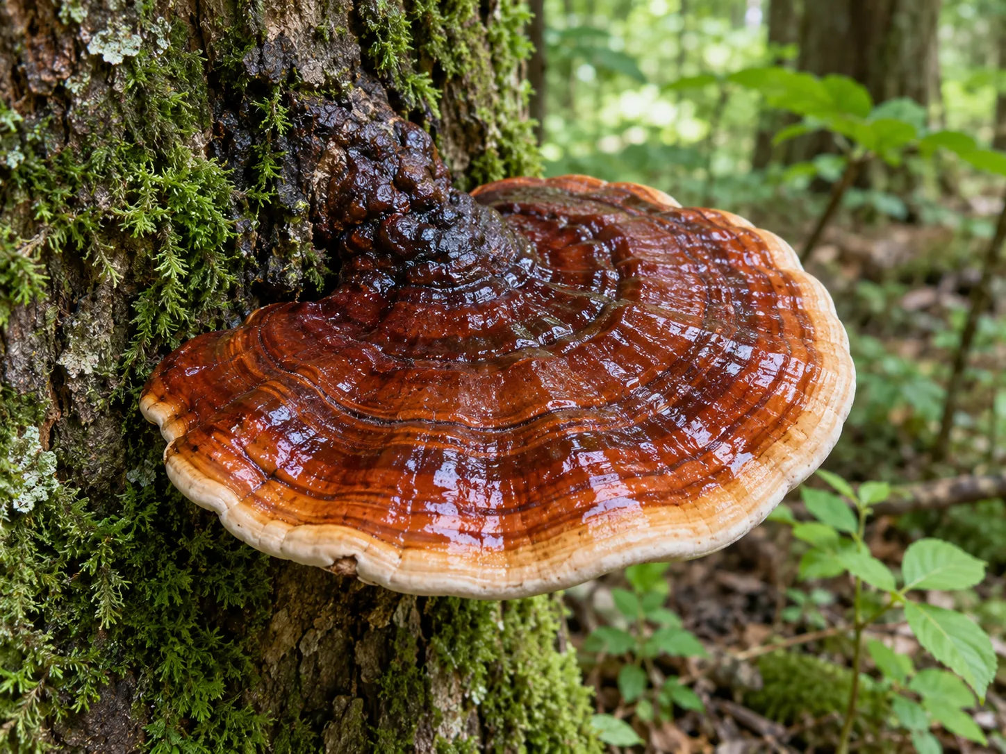 Lesklokorka lesklá (Ganoderma lucidum) s lesklým červenohnědým kloboukem