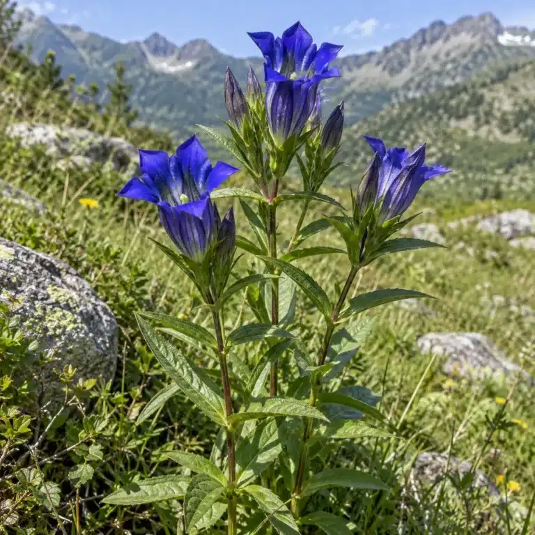 Kvetoucí hořec (Gentiana) v horské louce – rostlina, z jejíhož kořene pochází droga Long Dan Cao