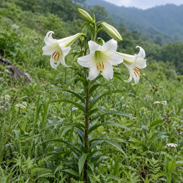 Bai He – kvetoucí lilie Brownova (Lilium brownii) s bílými trubkovitými květy