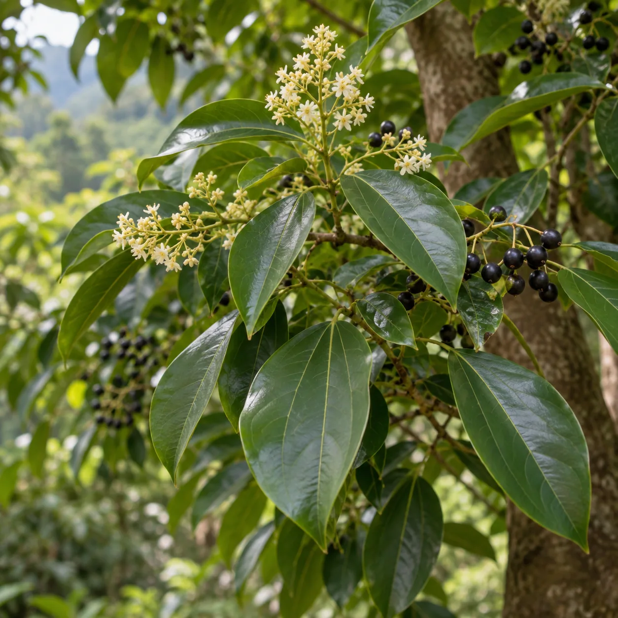 Skořicovník čínský (Cinnamomum cassia) – kvetoucí strom s dozrávajícími plody, z jehož kůry pochází droga Rou Gui