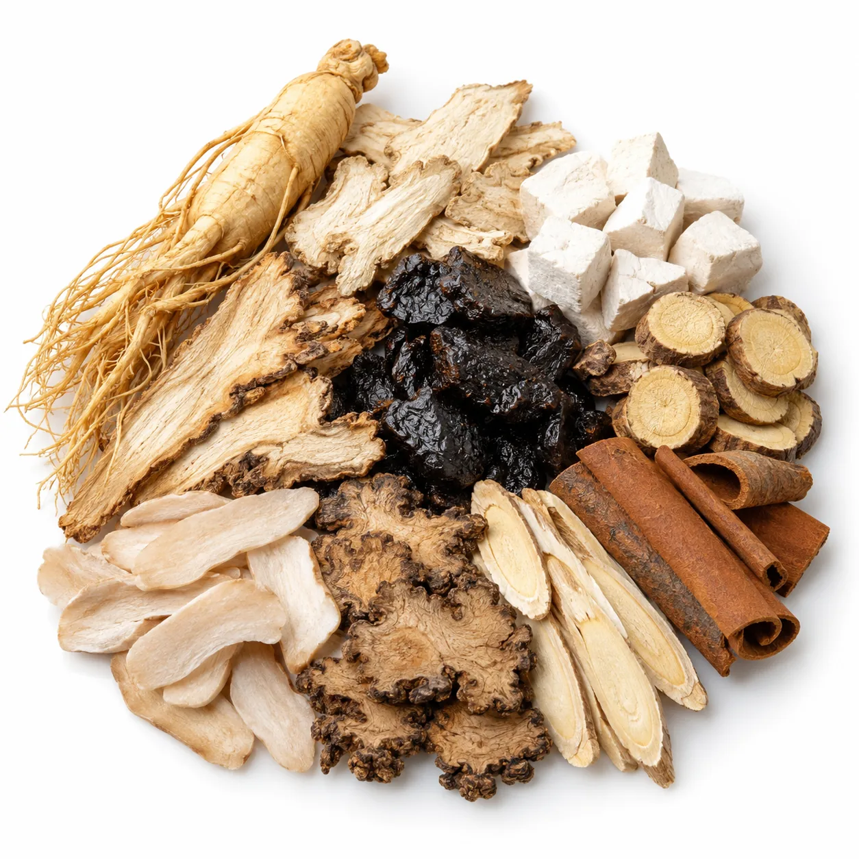Suroviny receptury Shi Quan Da Bu Wan na bílém pozadí – ženšen, atraktylis, pórnatka, lékořice, upravená rehmannie, děhel, pivoňka bělokvětá, koprníček, kozinec a skořicová kůra