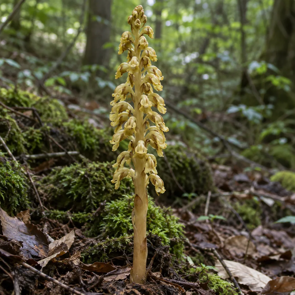 Gastrodia elata – bezlistá orchidej bez chlorofylu, druh chráněný úmluvou CITES