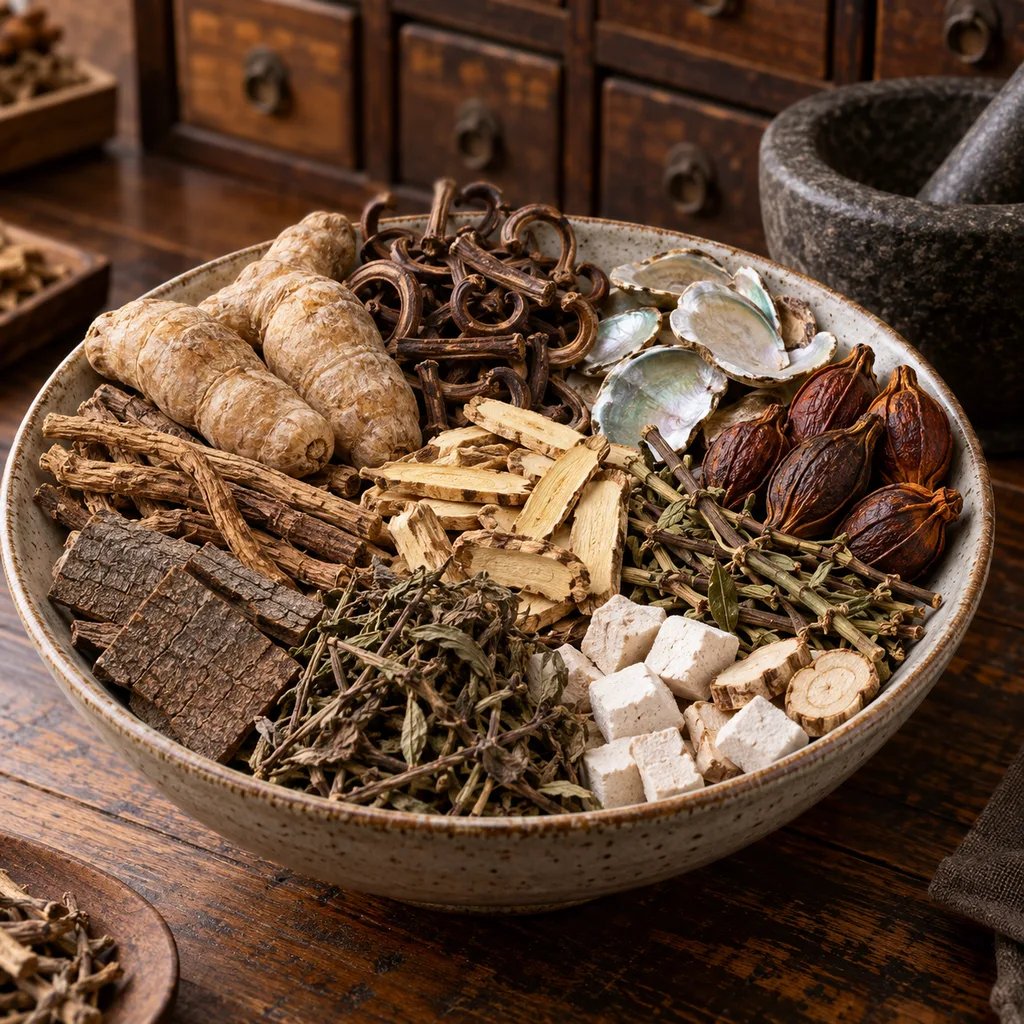 Klasické složení Tian Ma Gou Teng Yin v keramické misce včetně hlíz Tian Ma a lastury Shi Jue Ming – surovin, které produkt v nabídce TCM Byliny neobsahuje