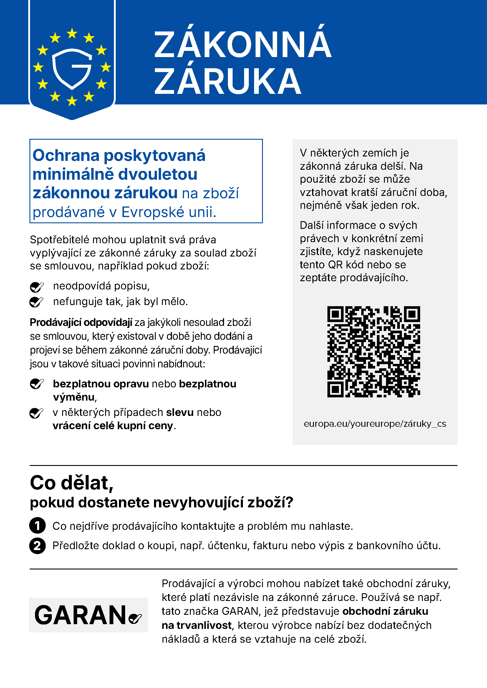 Harmonizované poučení EU o zákonné záruce – zákonná záruka minimálně 2 roky na zboží prodávané v EU