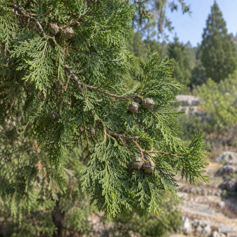 Ce Bai Ye – rostlina Platycladus orientalis (L.) Franco (syn. Thuja orientalis L., Biota orientalis (L.) Endl.)