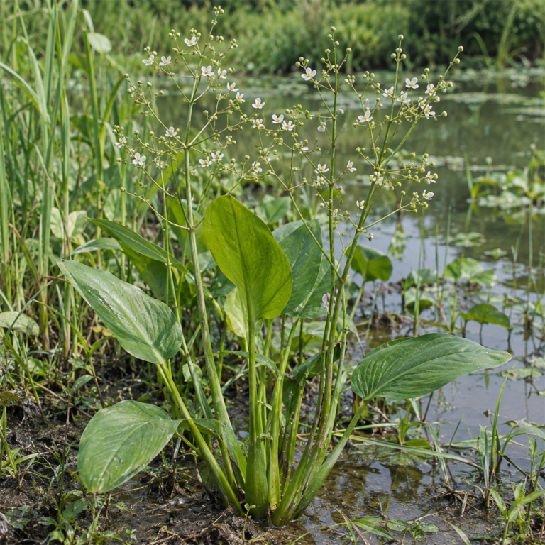 Ze Xie – rostlina Alisma orientale (Sam.) Juz.; Alisma plantago-aquatica L.